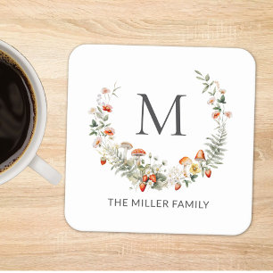 Monogram Whimsical Watercolor Bloemige Botanische  Kartonnen Onderzetters