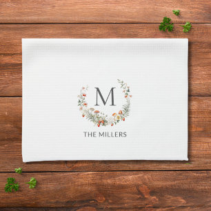 Monogram Whimsical Waterverf Bloemige Botanische Theedoek