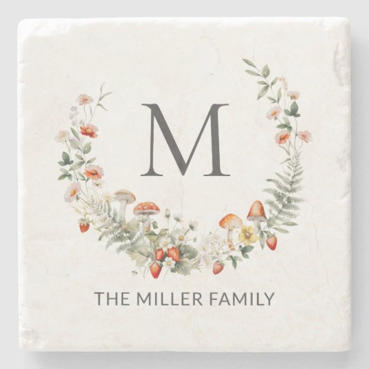 Monogram Whimsical Waterverf Floral Botanical Stenen Onderzetter (Voorkant)