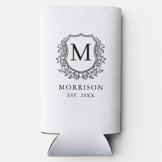 Monogram White Black Crest Botanische Huwelijk Seltzer Blikjeskoeler (Achterkant)
