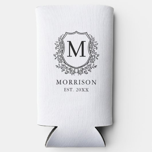 Monogram White Black Crest Botanische Huwelijk Seltzer Blikjeskoeler (Voorkant)