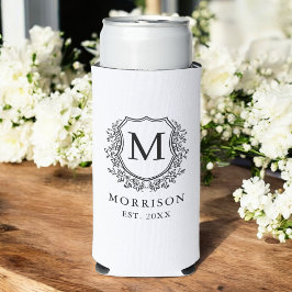 Monogram White Black Crest Botanische Huwelijk Seltzer Blikjeskoeler