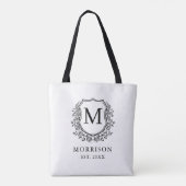 Monogram White Black Crest Botanische Huwelijk Tote Bag (Achterkant)