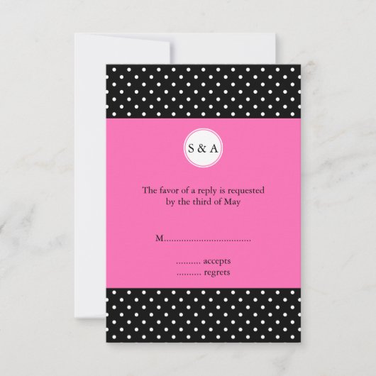 Monogram White Black, Hot Pink Polka Dot RSVP (Voorkant)