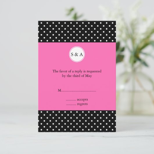 Monogram White Black, Hot Pink Polka Dot RSVP (Staand voorkant)