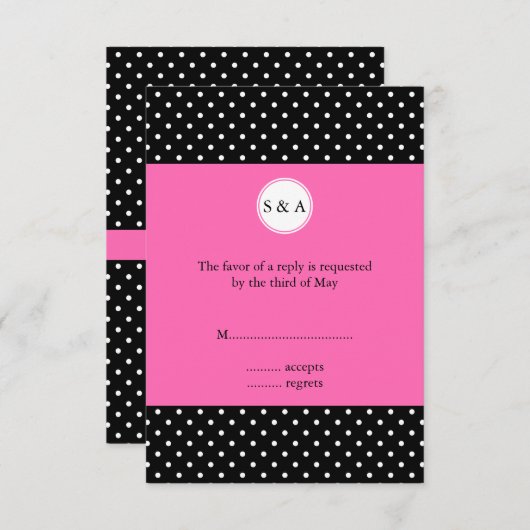 Monogram White Black, Hot Pink Polka Dot RSVP (Voorkant / Achterkant)
