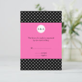 Monogram White Black, Hot Pink Polka Dot RSVP Kaartje (Staand voorkant)