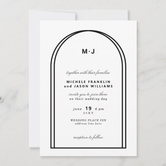 Monogram White Black Minimalist Arch Wedding Kaart (Voorkant)