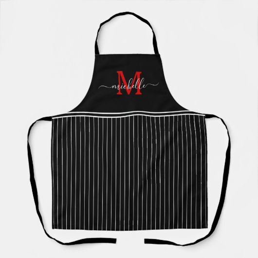 Monogram White Black Pinstripe Red Initiaal Schort (Voorkant)