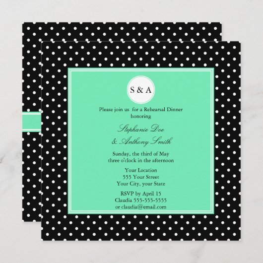 Monogram White Black, Seafoam Polka Dot Rehearsal Kaart (Voorkant / Achterkant)