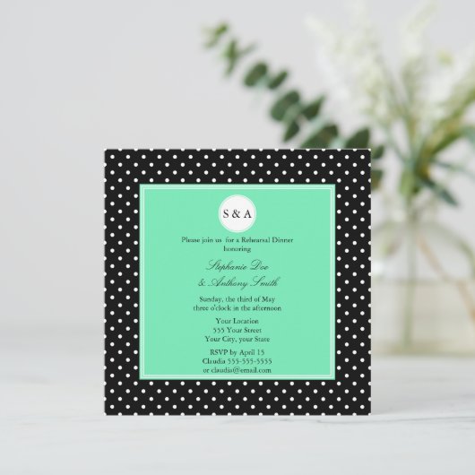 Monogram White Black, Seafoam Polka Dot Rehearsal Kaart (Staand voorkant)