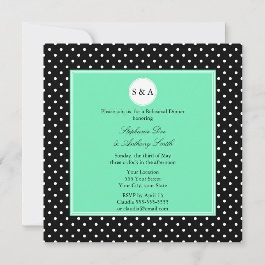 Monogram White Black, Seafoam Polka Dot Rehearsal Kaart (Voorkant)
