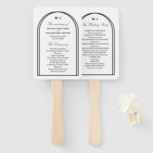 Monogram White Black Simple Arch Wedding Program Handwaaier (Voorkant en achterkant)