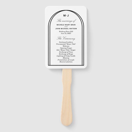 Monogram White Black Simple Arch Wedding Program Handwaaier (Voorkant)