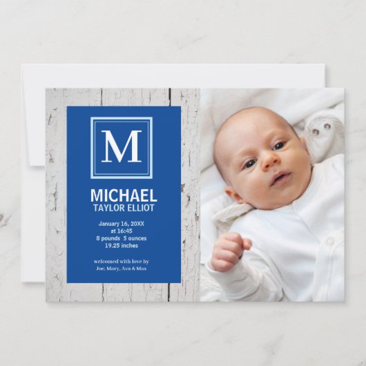 Monogram White Blue Stripe Foto Baby Boy Birth Aankondiging (Voorkant)