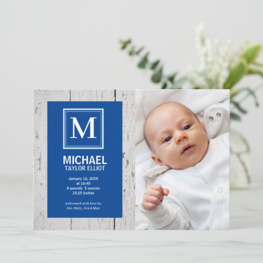 Monogram White Blue Stripe Foto Baby Boy Birth Aankondiging (Staand voorkant)