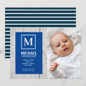 Monogram White Blue Stripe Foto Baby Boy Birth Aankondiging (Voorkant / Achterkant)