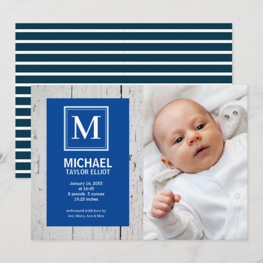 Monogram White Blue Stripe Foto Baby Boy Birth Aankondiging (Voorkant / Achterkant)