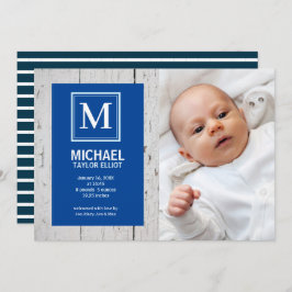 Monogram White Blue Stripe Foto Baby Boy Birth Aankondiging