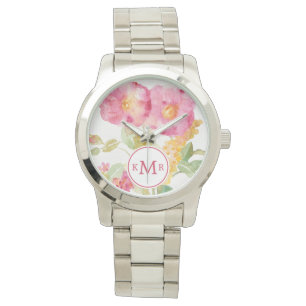 Monogram   White Daisy on Blue Horloge