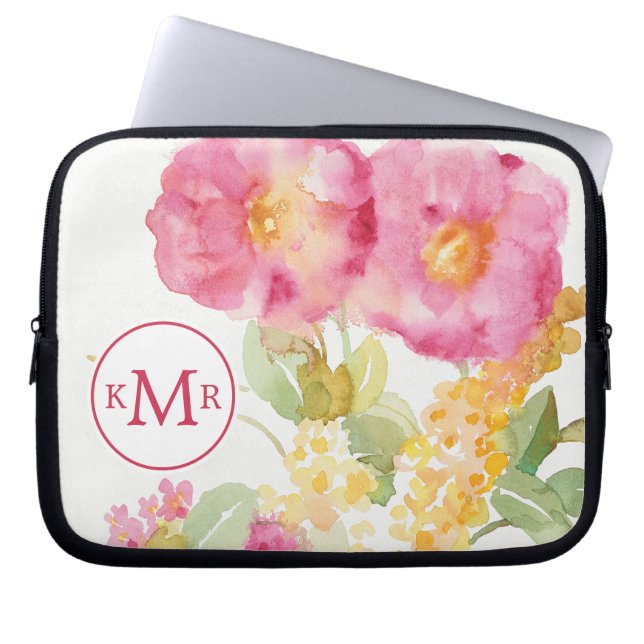 Monogram | White Daisy on Blue Laptop Sleeve (Voorkant)