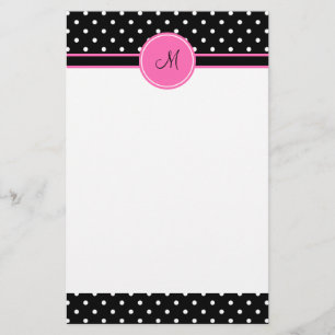 Monogram White en Black Polka Dot Pattern Briefpapier