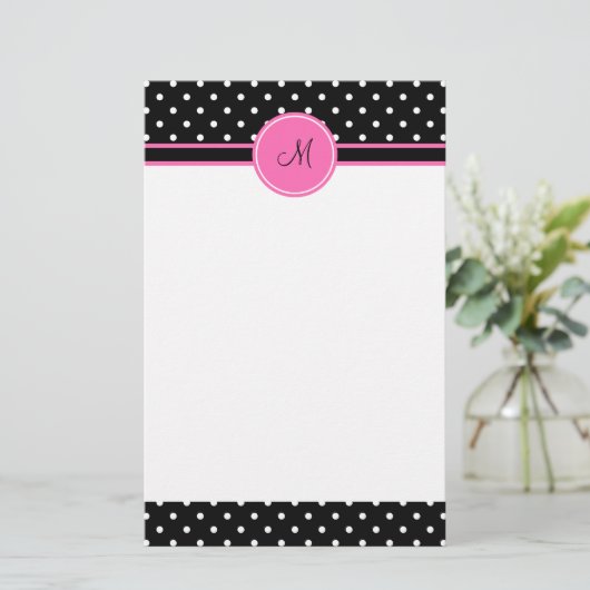 Monogram White en Black Polka Dot Pattern Briefpapier (Staand voorkant)