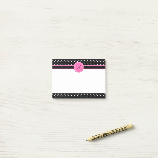 Monogram White en Black Polka Dot Pattern Post-it® Notes (Op bureau)