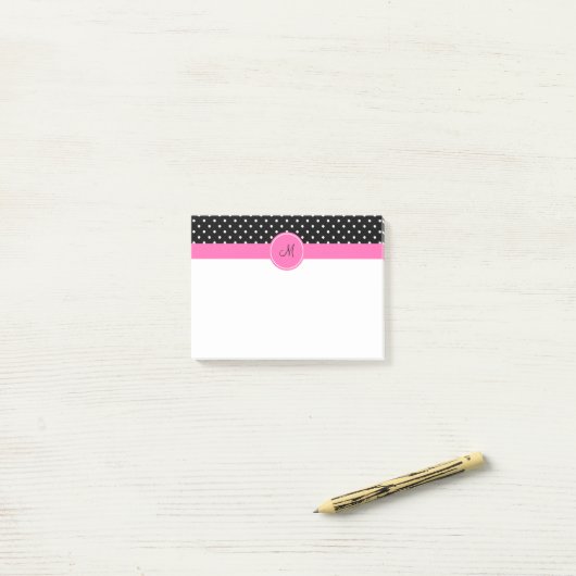 Monogram White en Black Polka Dot Pattern Post-it® Notes (Op bureau)