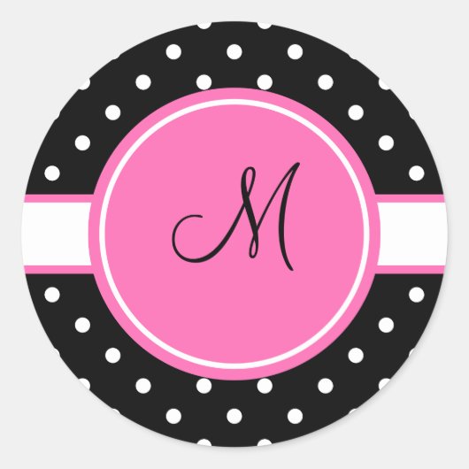Monogram White en Black Polka Dot Pattern Ronde Sticker (Voorkant)
