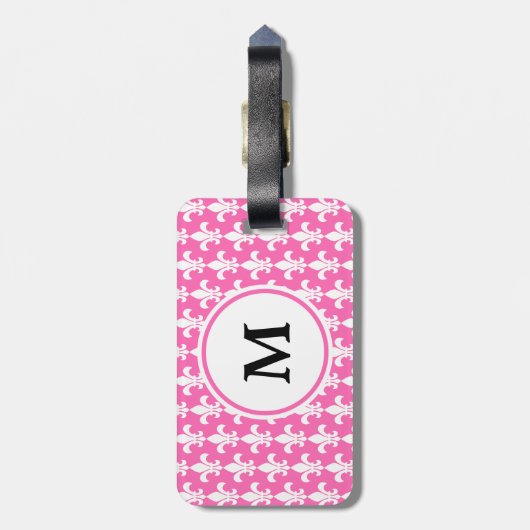 Monogram White en Hot Pink Fleur de Lis Pattern Bagagelabel (Achterkant verticaal)
