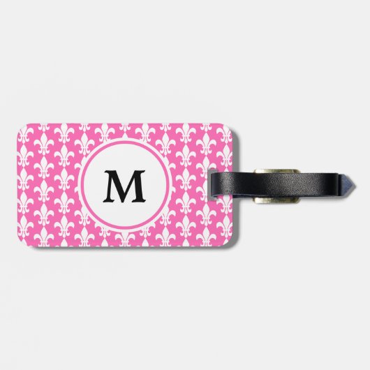 Monogram White en Hot Pink Fleur de Lis Pattern Bagagelabel (Achterkant horizontaal)