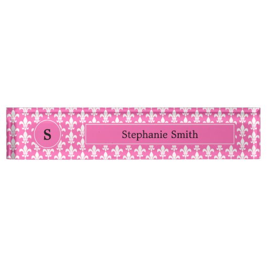 Monogram White en Hot Pink Fleur de Lis Pattern Naambordje (Voorkant)