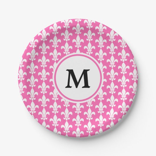 Monogram White en Hot Pink Fleur de Lis Pattern Papieren Bordje (Voorkant)