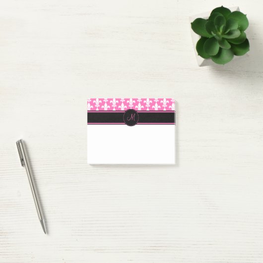 Monogram White en Hot Pink Fleur de Lis Pattern Post-it® Notes (Kantoor)