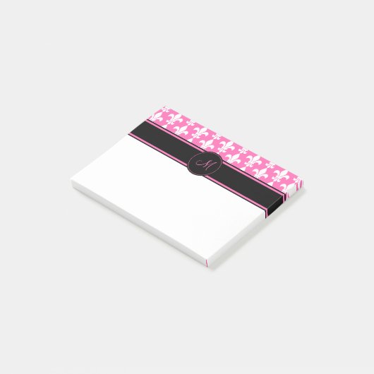 Monogram White en Hot Pink Fleur de Lis Pattern Post-it® Notes (Schuin)
