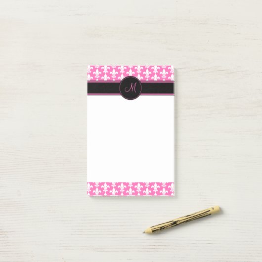 Monogram White en Hot Pink Fleur de Lis Pattern Post-it® Notes (Op bureau)