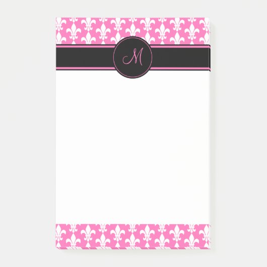 Monogram White en Hot Pink Fleur de Lis Pattern Post-it® Notes (Voorkant)