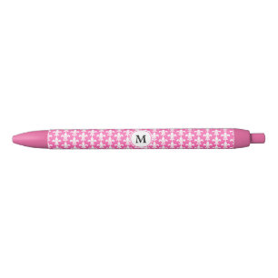 Monogram White en Hot Pink Fleur de Lis Pattern Zwarte Inkt Pen