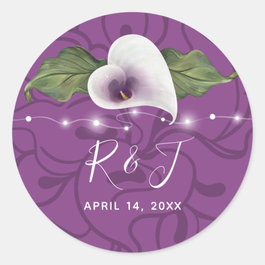 Monogram White en Paarse Calla Lily Wedding Ronde Sticker (Voorkant)
