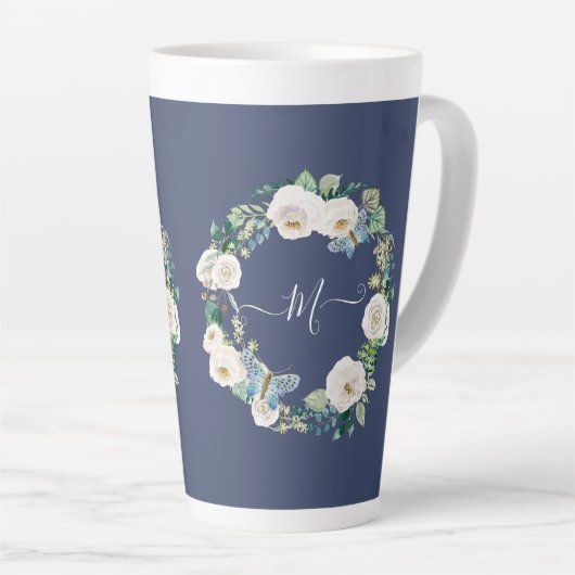 Monogram White Floral Butterfly Waterverf marine Latte Mok (Rechterhoek)