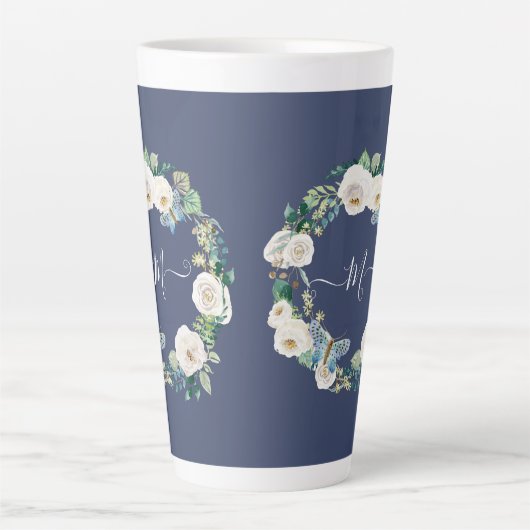 Monogram White Floral Butterfly Waterverf marine Latte Mok (Voorkant)