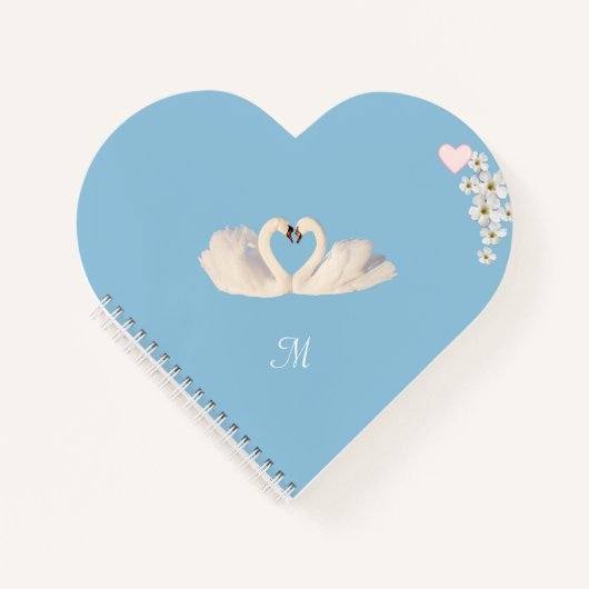 Monogram White Flowers and Swans on Light Blue Notitieboek (Voorkant)