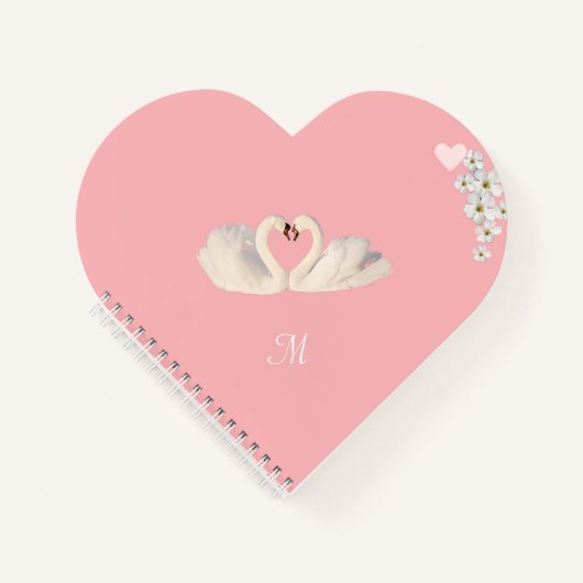 Monogram White Flowers and Swans on Light Pink Notitieboek (Voorkant)