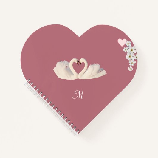 Monogram White Flowers and Swans on Roos Gold Notitieboek (Voorkant)