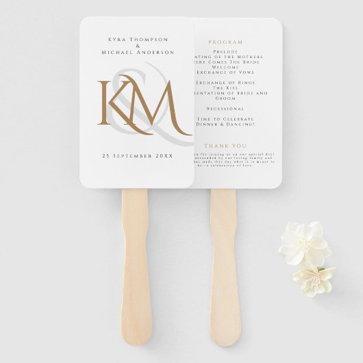 Monogram White Gold Modern Simple Wedding Program Handwaaier (Voorkant en achterkant)