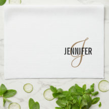 Monogram White Gold Script Elegant Kitchen Towel