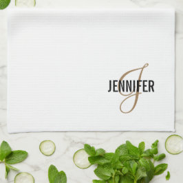 Monogram White Gold Script Elegant Kitchen Towel Theedoek