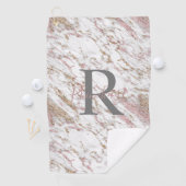 Monogram White Grey Gold Pink Marble Trendy Golfhanddoek (Insitu)