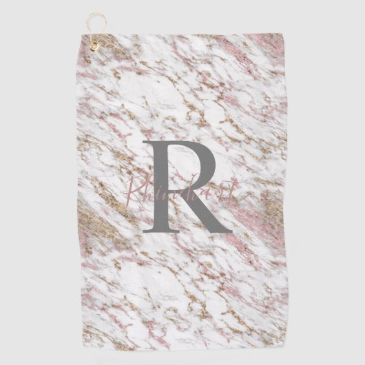 Monogram White Grey Gold Pink Marble Trendy Golfhanddoek (Voorkant)